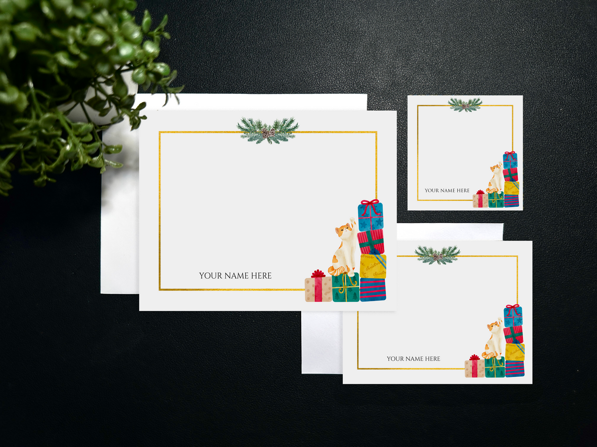 Flat Notecard Set - Holiday - Ginger & White Cat