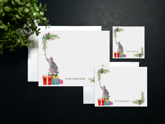 Flat Notecard Set - Holiday - Gray Tabby