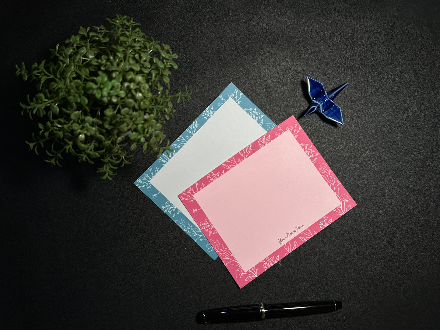 Flat Notecard Set - White Line Flora (Fuchsia & Teal)