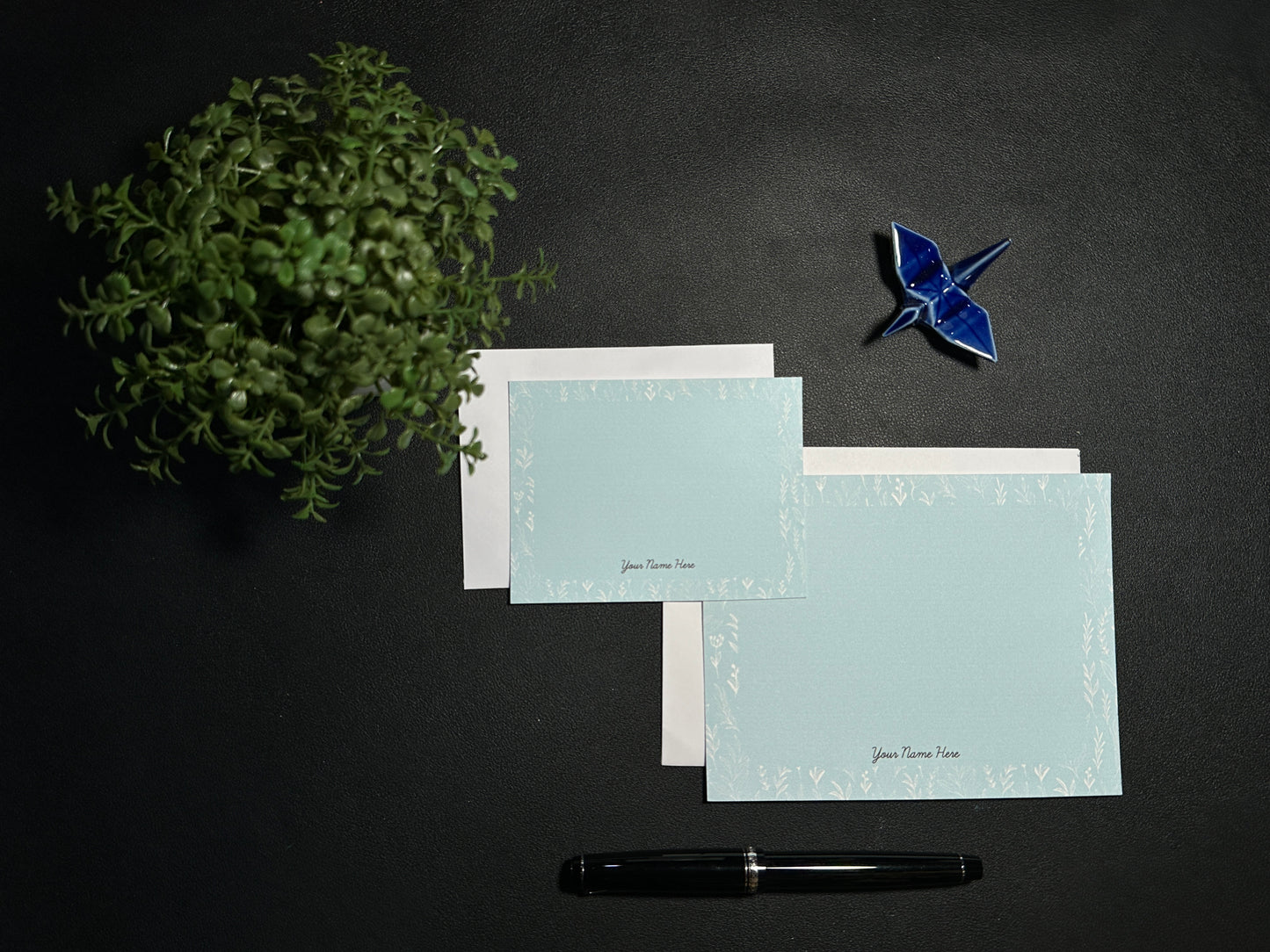 Flat Notecard Set - White Line Flora (Blue)