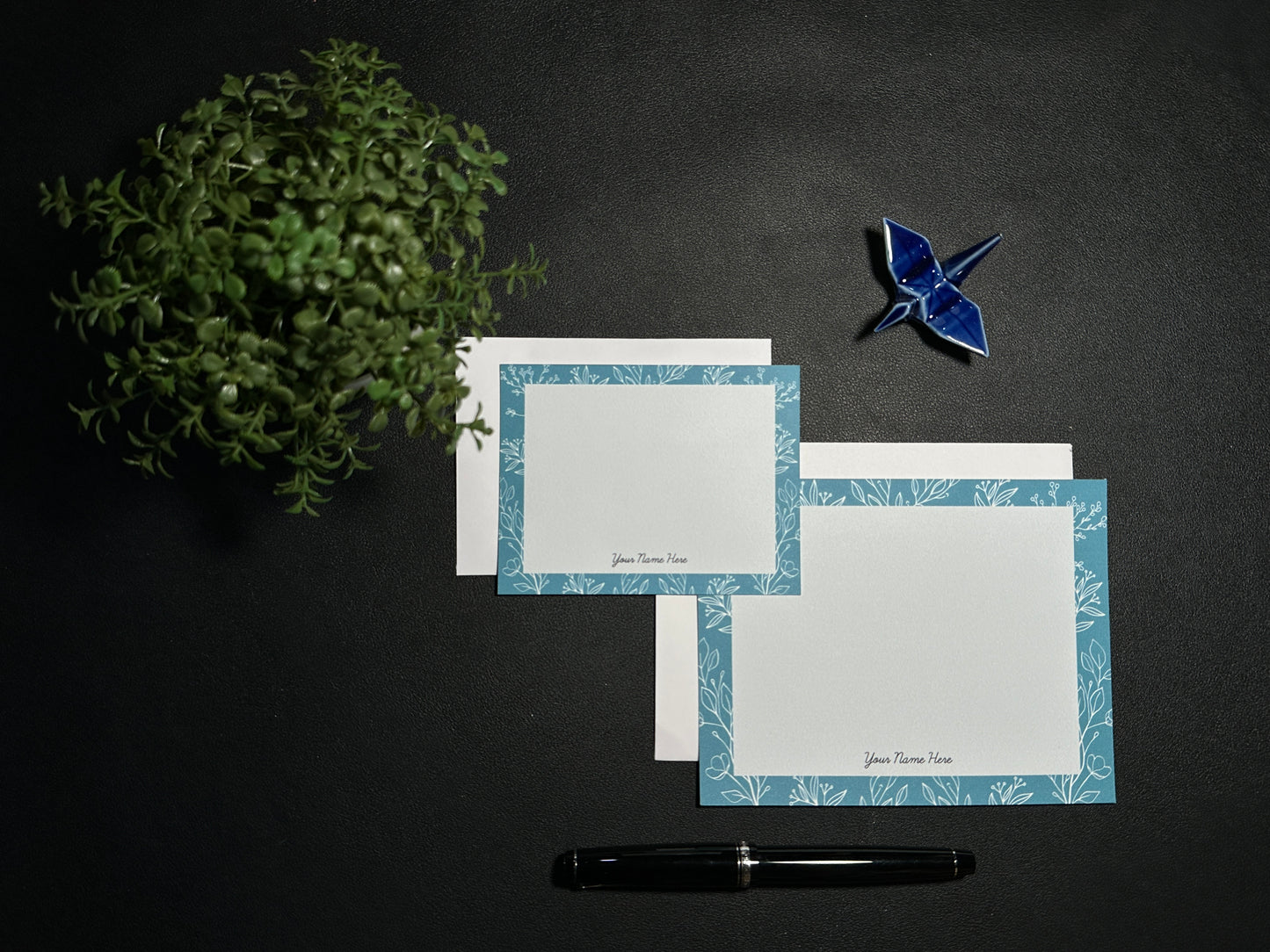 Flat Notecard Set - White Line Flora (Fuchsia & Teal)